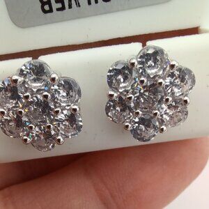 925 Silver Screw Back Earring Crystal Flower Cluster 8mm